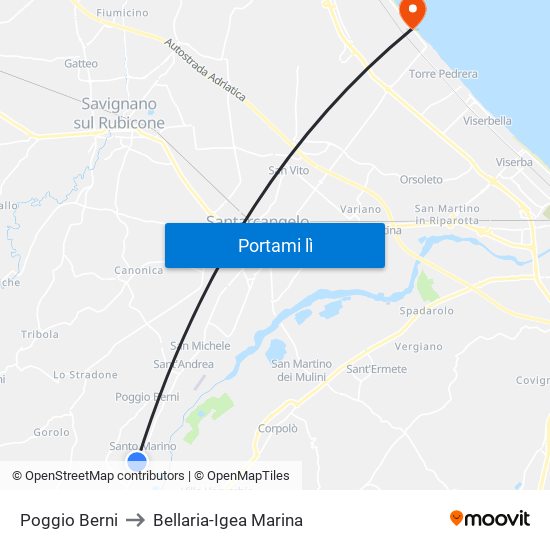 Poggio Berni to Bellaria-Igea Marina map