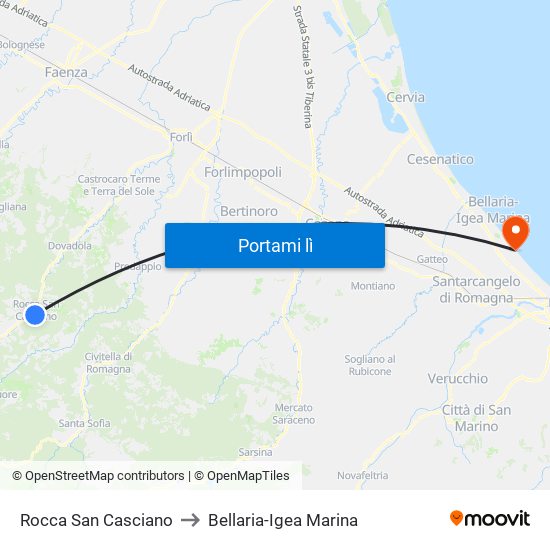 Rocca San Casciano to Bellaria-Igea Marina map