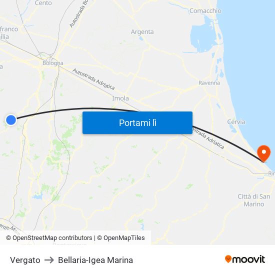 Vergato to Bellaria-Igea Marina map