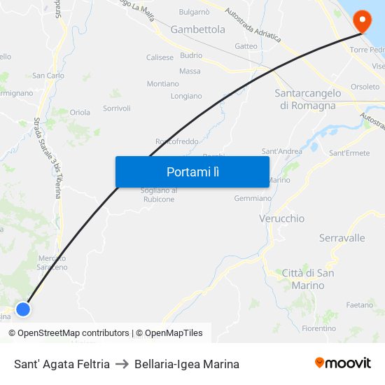 Sant' Agata Feltria to Bellaria-Igea Marina map