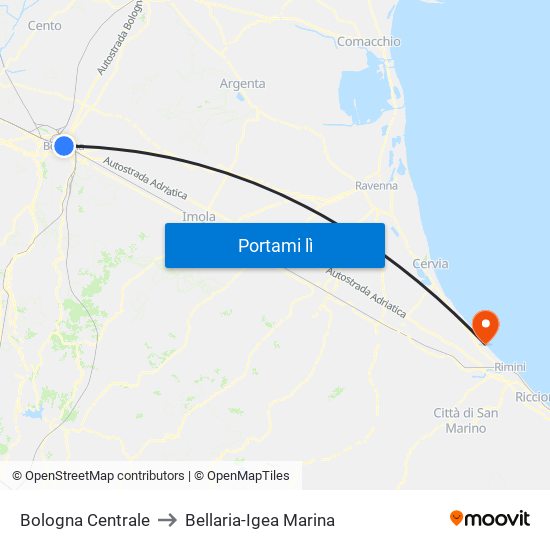 Bologna Centrale to Bellaria-Igea Marina map