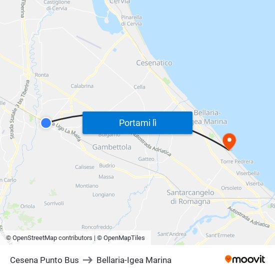 Cesena Punto Bus to Bellaria-Igea Marina map