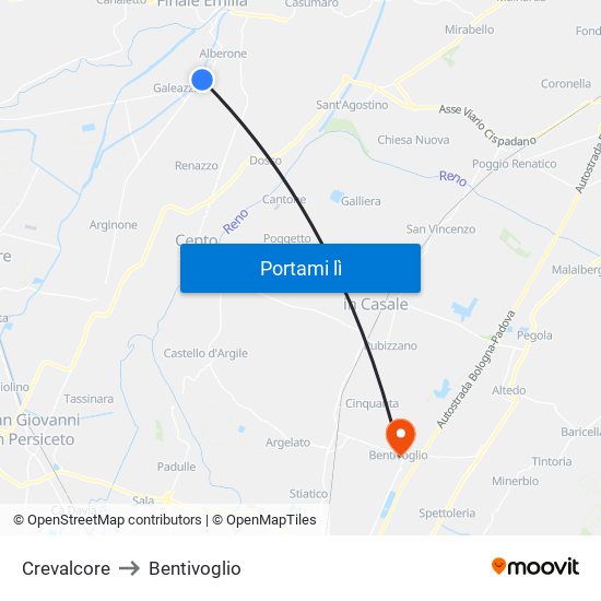 Crevalcore to Bentivoglio map