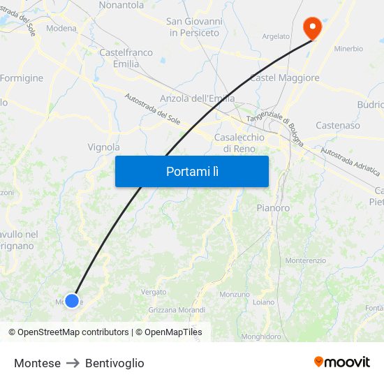 Montese to Bentivoglio map