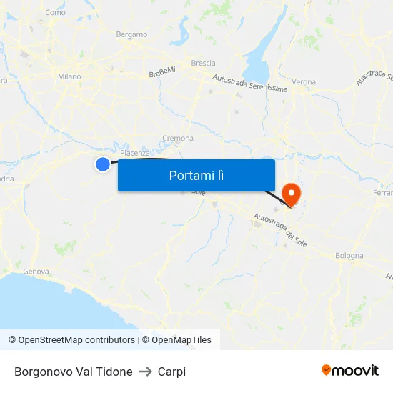 Borgonovo Val Tidone to Carpi map