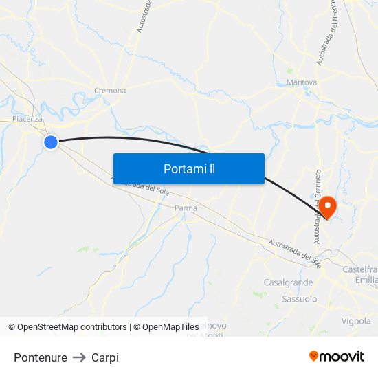 Pontenure to Carpi map