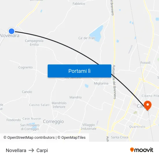 Novellara to Carpi map