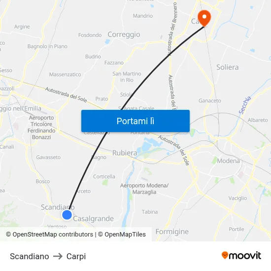 Scandiano to Carpi map