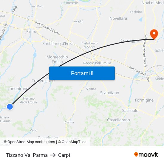 Tizzano Val Parma to Carpi map
