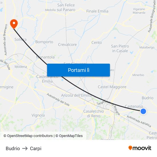 Budrio to Carpi map
