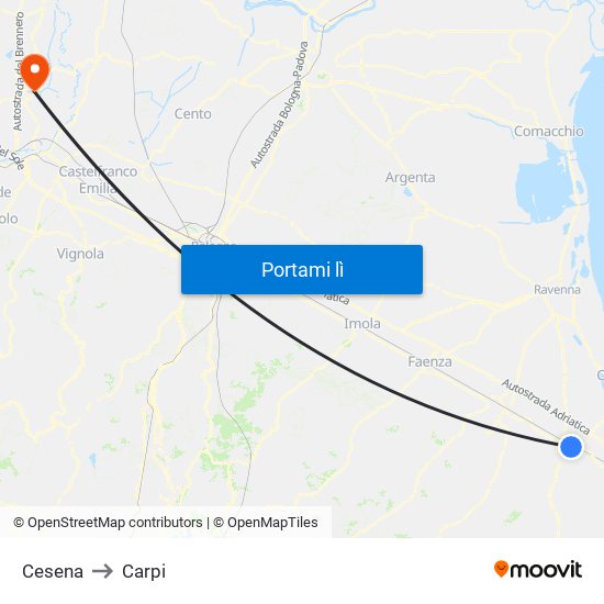 Cesena to Carpi map