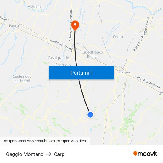 Gaggio Montano to Carpi map