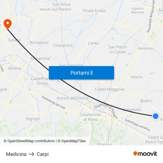 Medicina to Carpi map