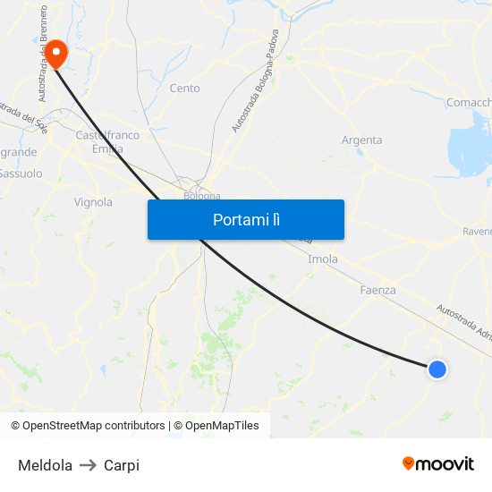 Meldola to Carpi map