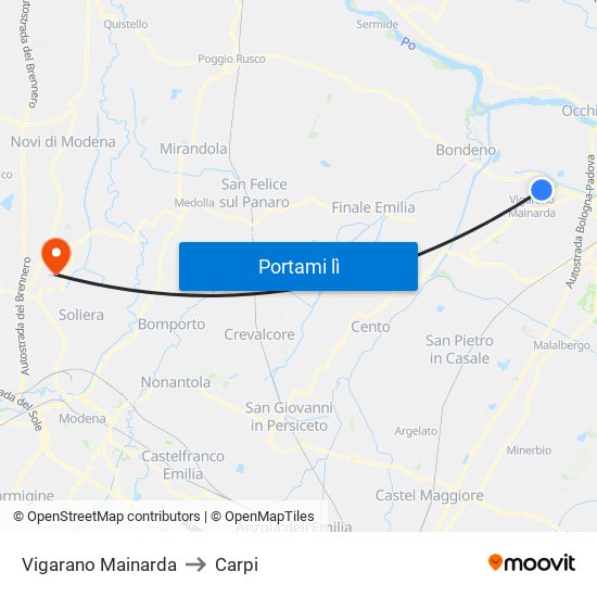 Vigarano Mainarda to Carpi map