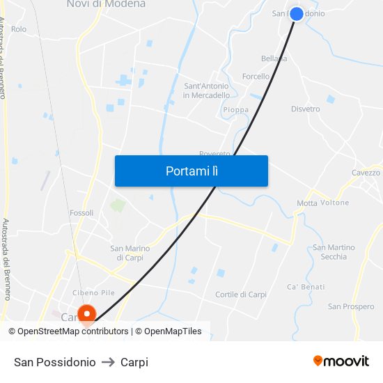 San Possidonio to Carpi map