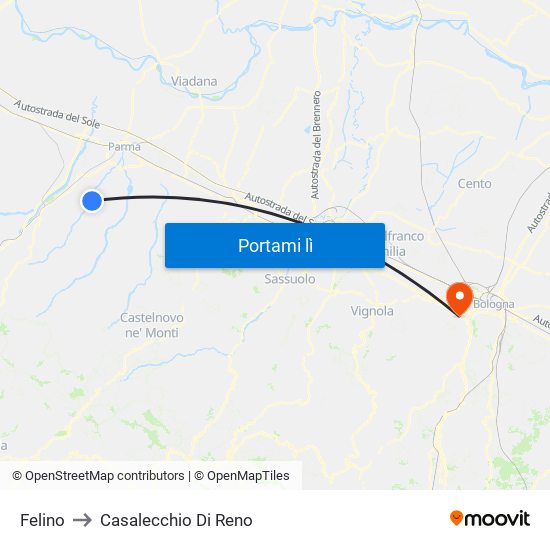 Felino to Casalecchio Di Reno map