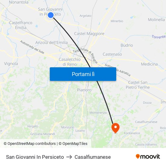 San Giovanni In Persiceto to Casalfiumanese map
