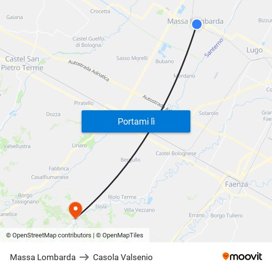 Massa Lombarda to Casola Valsenio map