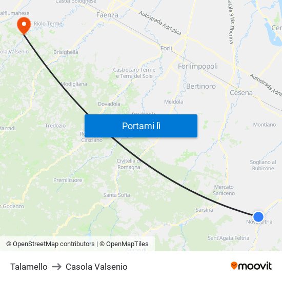Talamello to Casola Valsenio map