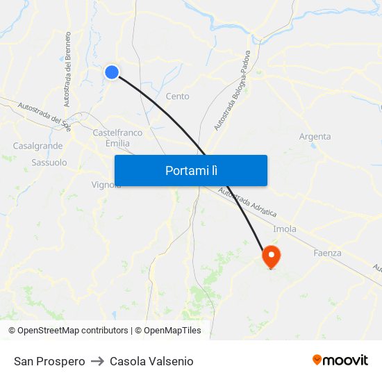 San Prospero to Casola Valsenio map