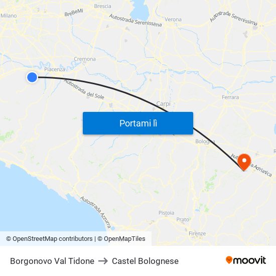 Borgonovo Val Tidone to Castel Bolognese map