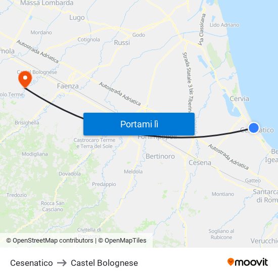 Cesenatico to Castel Bolognese map