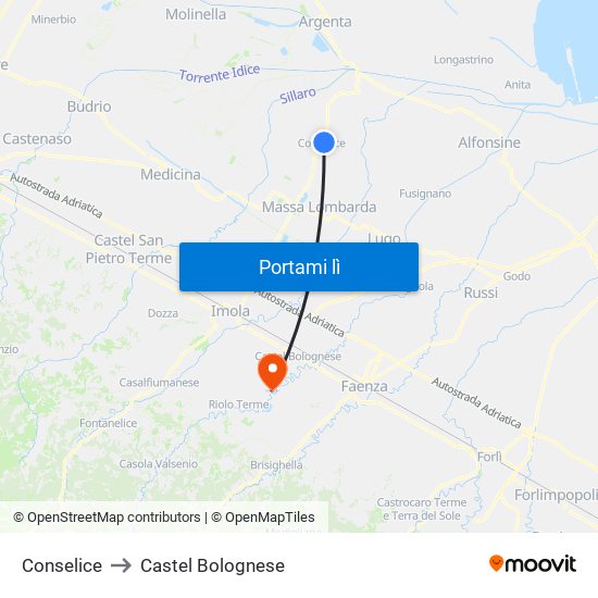 Conselice to Castel Bolognese map