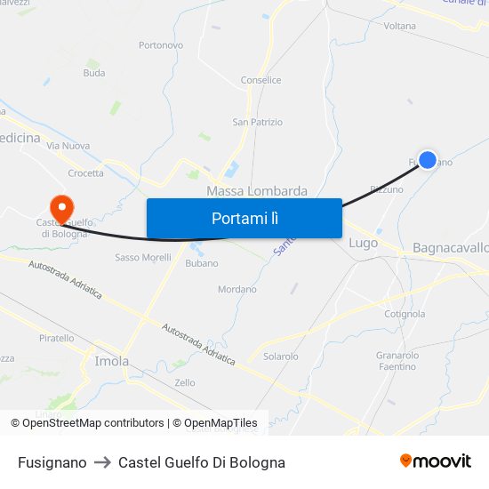 Fusignano to Castel Guelfo Di Bologna map