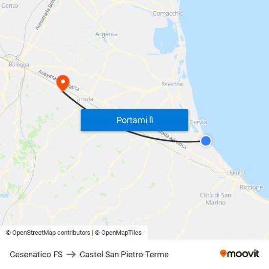 Cesenatico FS to Castel San Pietro Terme map