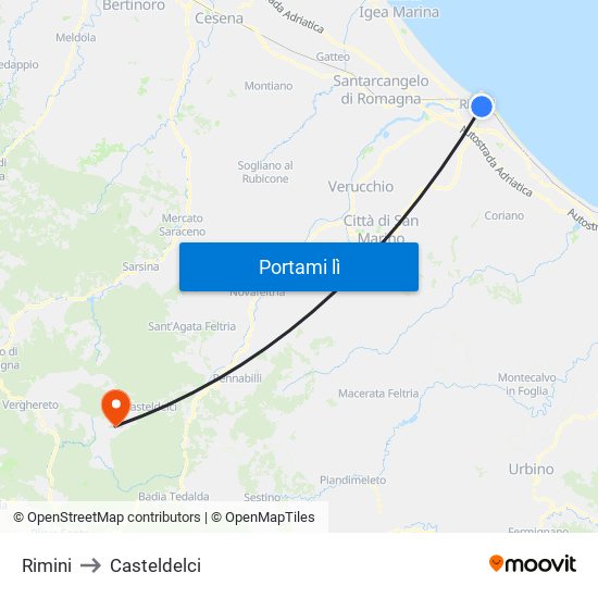 Rimini to Casteldelci map