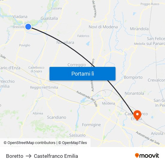 Boretto to Castelfranco Emilia map