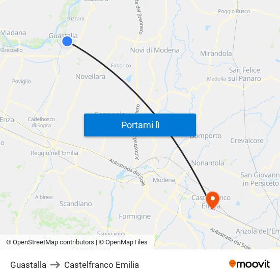 Guastalla to Castelfranco Emilia map