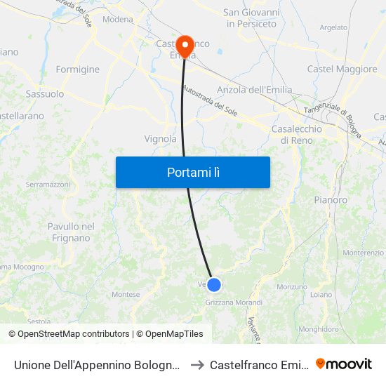 Unione Dell'Appennino Bolognese to Castelfranco Emilia map