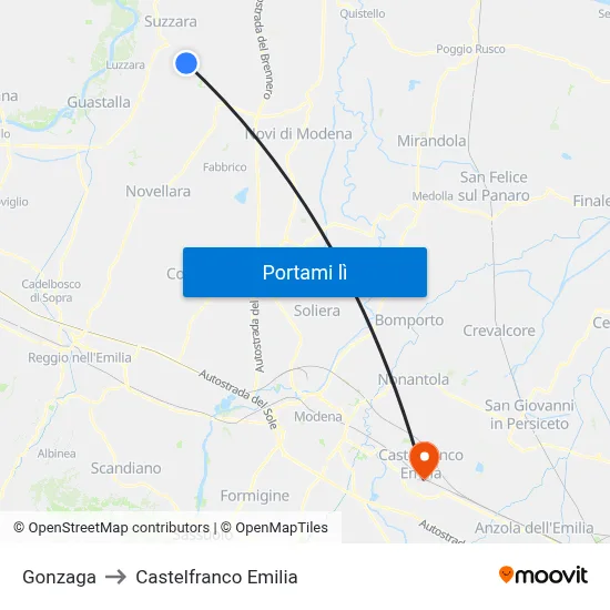 Gonzaga to Castelfranco Emilia map