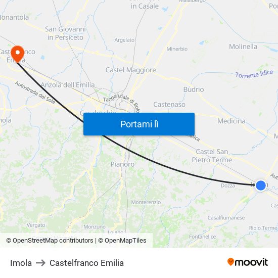 Imola to Castelfranco Emilia map