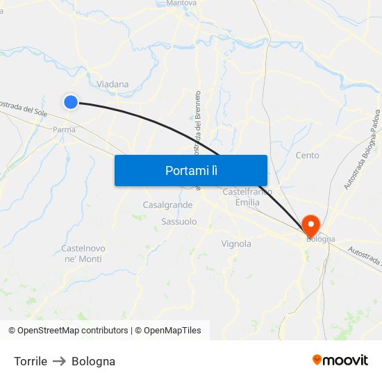 Torrile to Bologna map