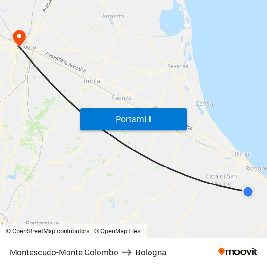 Montescudo-Monte Colombo to Bologna map