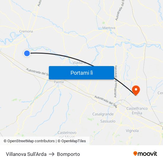 Villanova Sull'Arda to Bomporto map