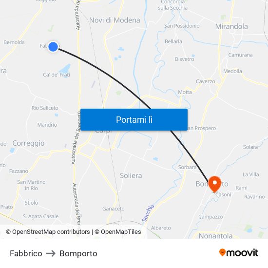 Fabbrico to Bomporto map