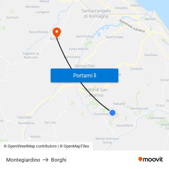 Montegiardino to Borghi map