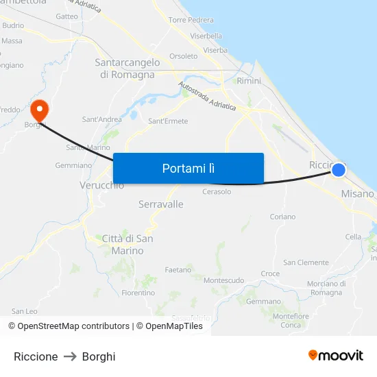 Riccione to Borghi map