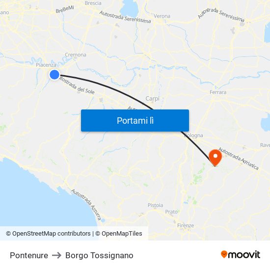 Pontenure to Borgo Tossignano map