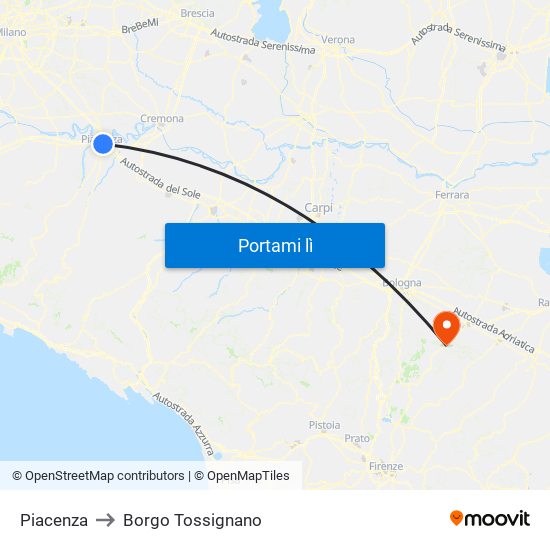 Piacenza to Borgo Tossignano map