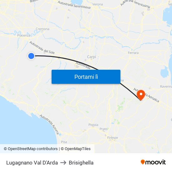 Lugagnano Val D'Arda to Brisighella map