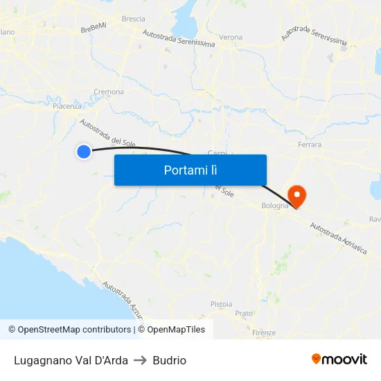 Lugagnano Val D'Arda to Budrio map
