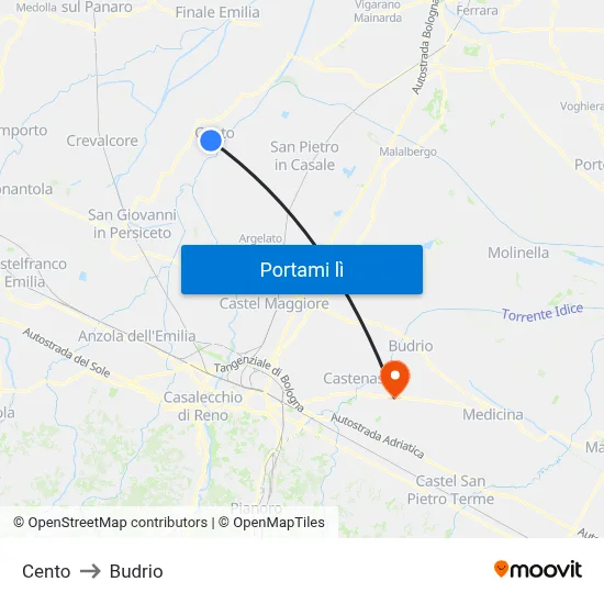 Cento to Budrio map