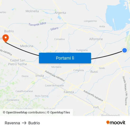 Ravenna to Budrio map