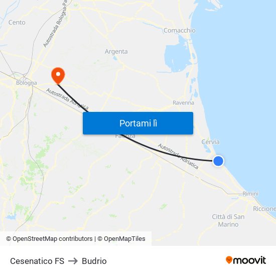 Cesenatico FS to Budrio map
