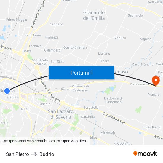 San Pietro to Budrio map